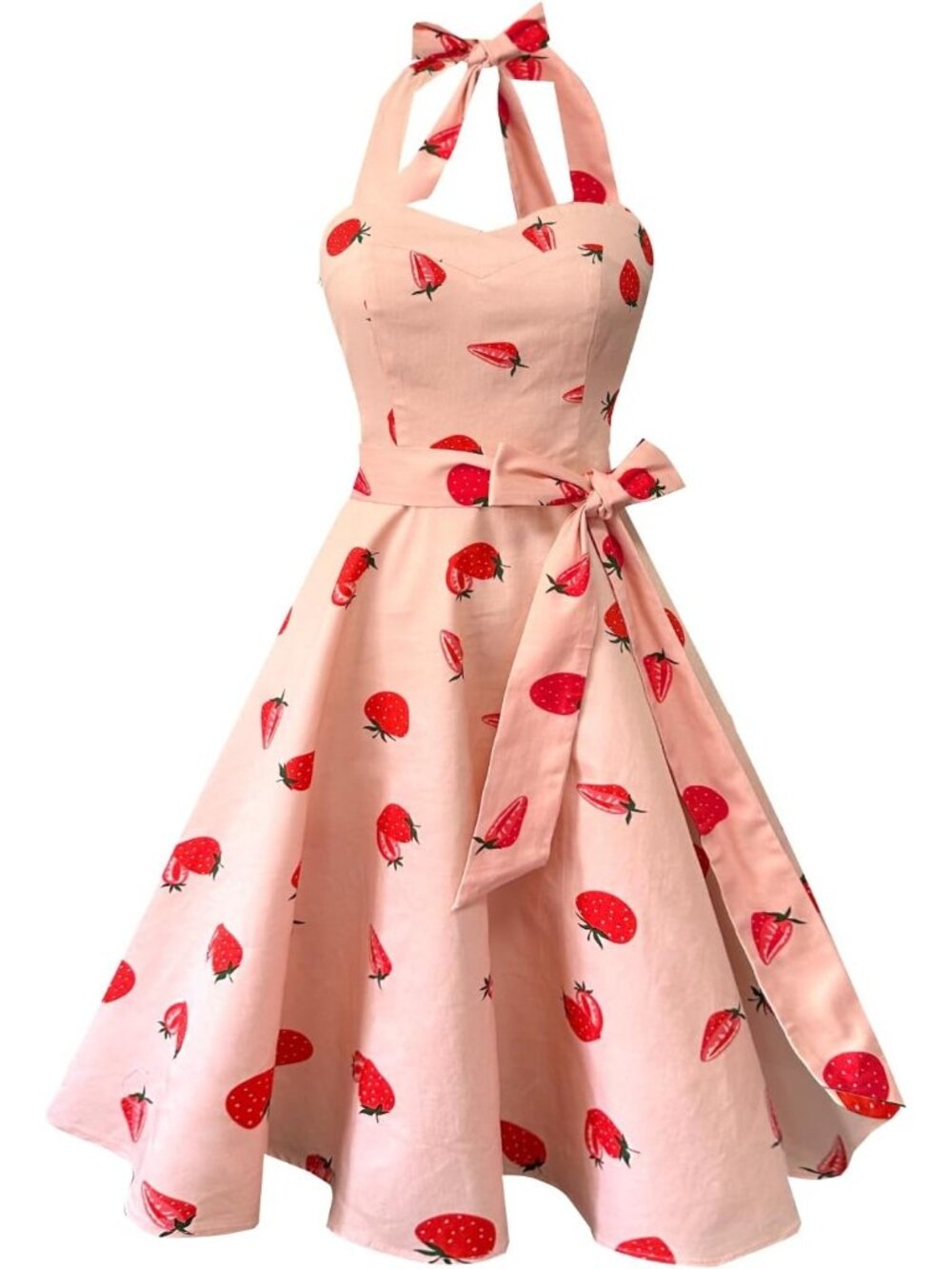 Women's Strawberry Halter Neck Vintage Polka Audrey Retro Cocktail Dress